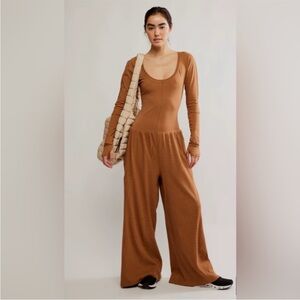 FP Movement Hot Shot Wide Leg Onesie in Camel Brown Size XS Sold Out Color NWOT